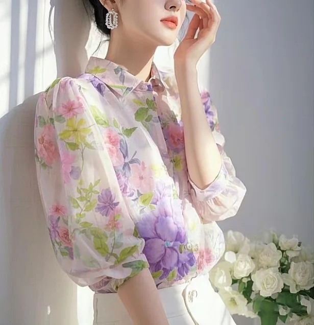 Elegant Beautiful Floral Chiffon Single Breasted Beach Style Blouse