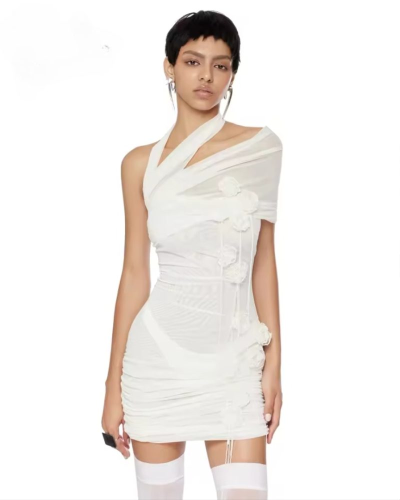 Elegant Fashion Halter One-Shoulder Flower Design Mini Mesh Dress