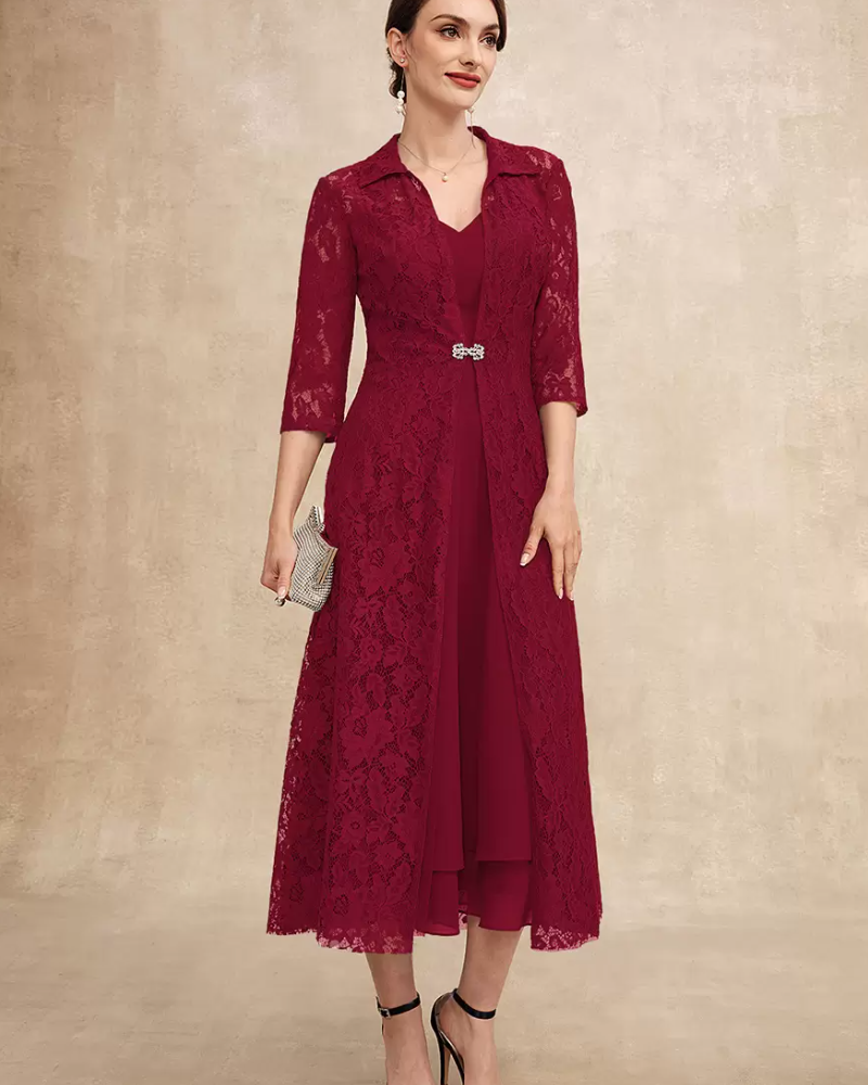 Elegant Fashion V-Neck Half Sleeves A-Line Lace Tea-Length Guest Dresses