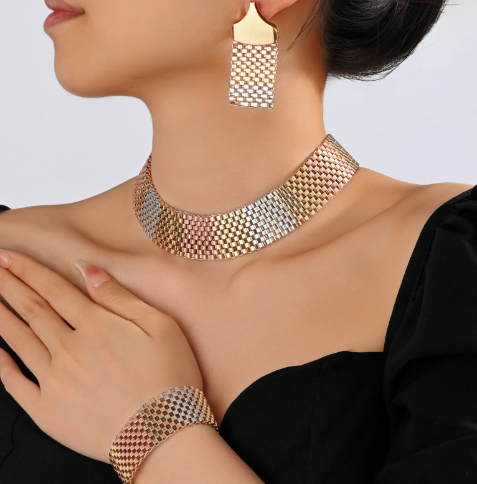 Classic Geometric Copper Alloy Big Necklace Ethnic Style Bracelet Earrings Jewelry Set