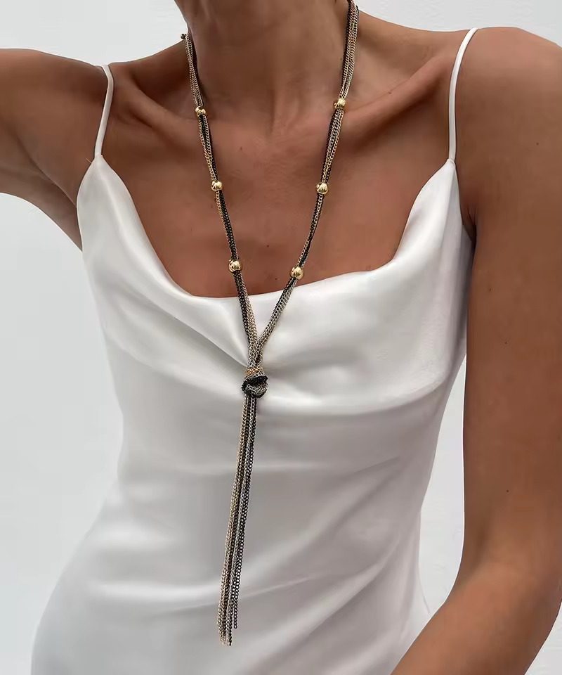 Elegant Geometric Iron Alloy Multilayer Long Tassel Sweater Chain Party Pendant Choker Necklace