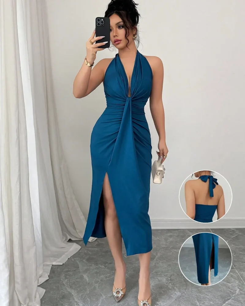 Elegant Hanging Collar Halter Neck Strap Sleeveless Side Slit Slim Dress