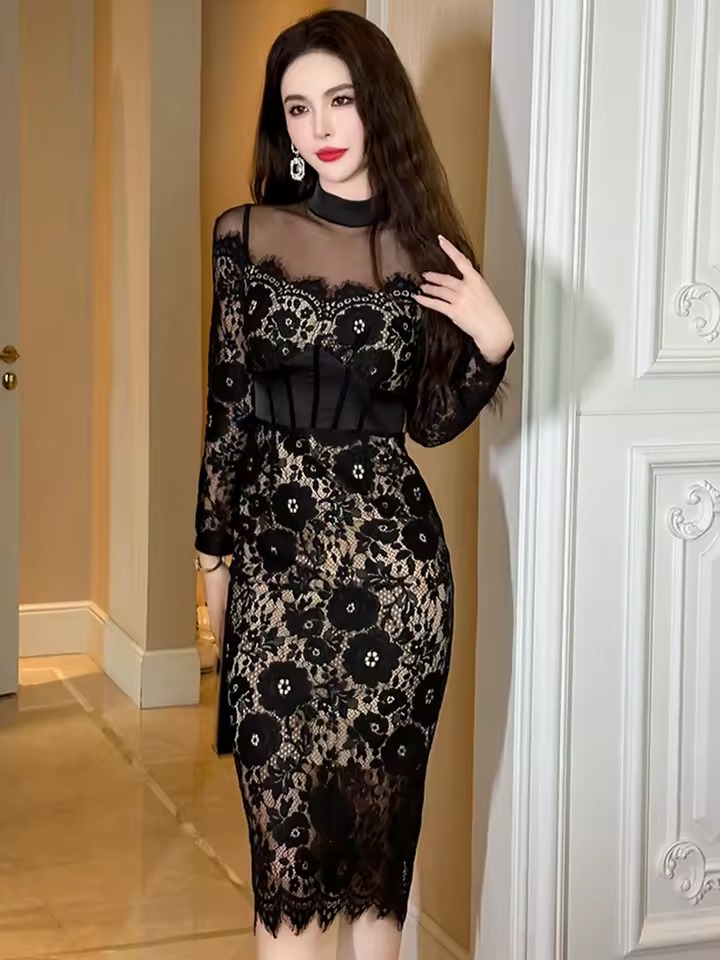 Elegant Lace Half High Collar Sheer Slim Party Evening Birthday Dress