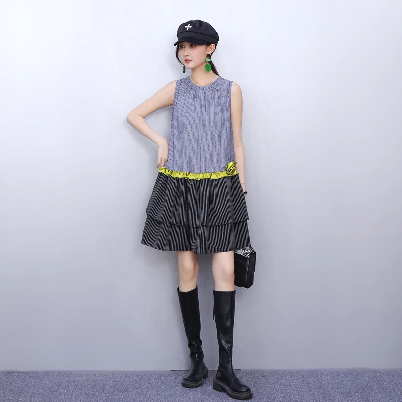 Elegant Loose Patchwork Single Breasted Sleeveless Vest Short Dresses