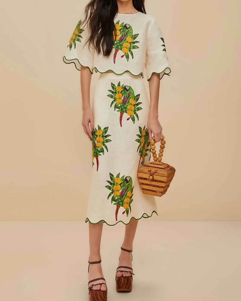 Elegant Printing Two Piece Set O Neck Short Sleeve Top High Waist Skirts Sets