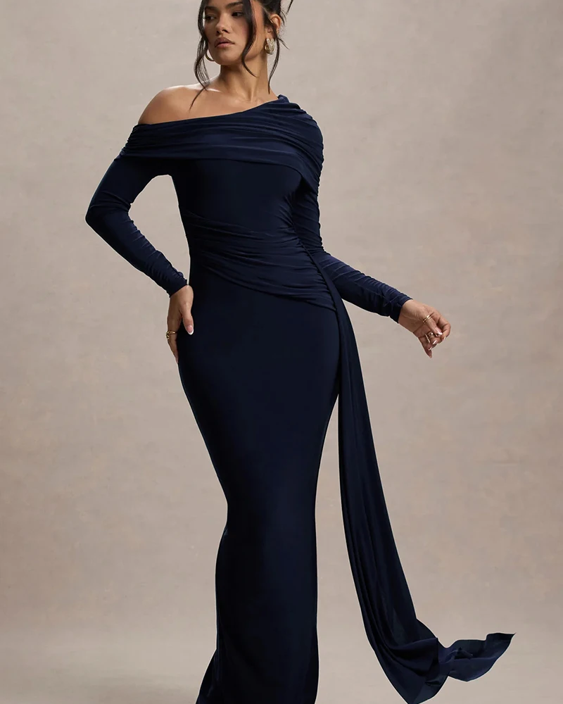 Elegant Skew Collar Long Sleeve Fashion Backless Draped Rushed Bodycon Maxi Dress
