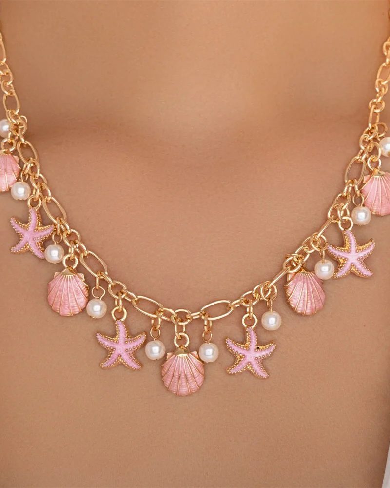 Elegant Tassel Chain Sunflower Aesthetic Wed Beach Pearl Boho Starfish Scallops Pendant Choker Necklace