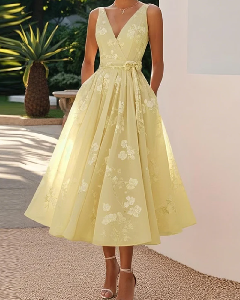 Elegant V Neck Bow Lace Up Casual Pleated Boho Vacation Sleeveless A-Line Dresses