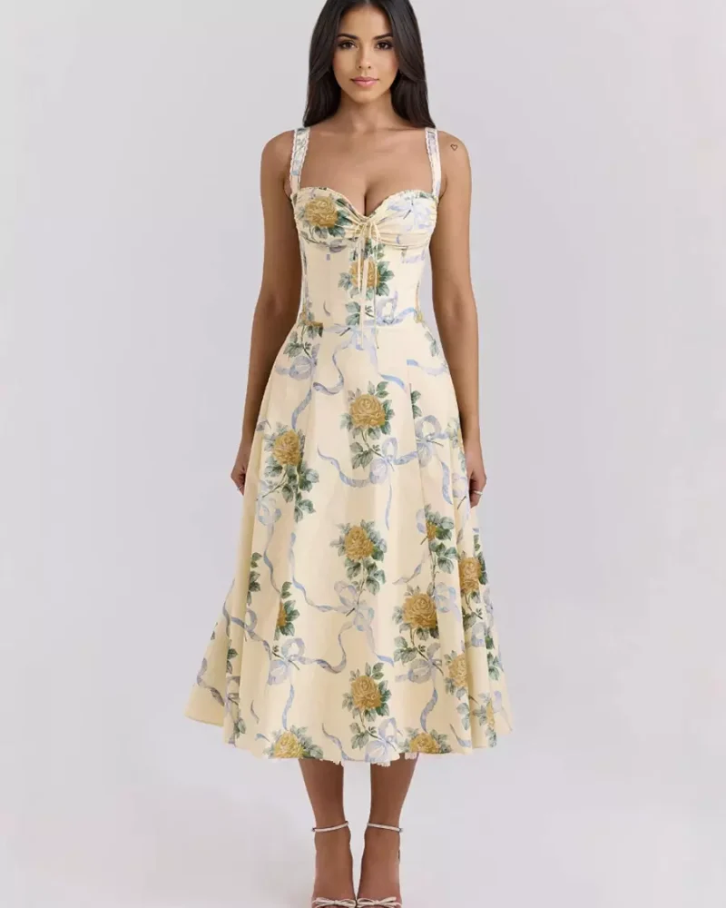 Floral Print Pleated Heart Neckline Daily Casual Midi Dress