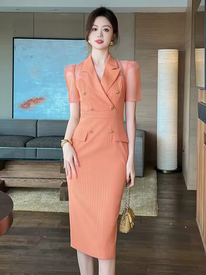 Formal Striped Commute Short Sleeve Slim Blazer Pencil Midi Dress