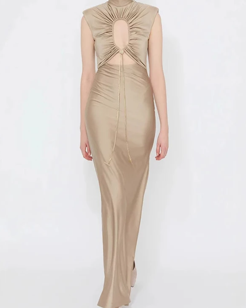 Front Lace-up Hollow Out O Neck Slim Office Sleeveless High Waist Zip Boho Dress