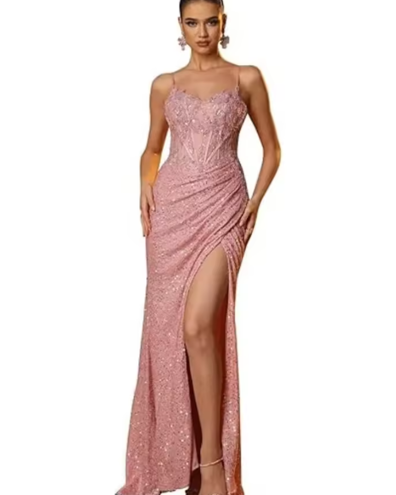 Gorgeous Elegant Spaghetti Strap Sleeveless Floor-Length Thigh Split Bodycon Ball Gown