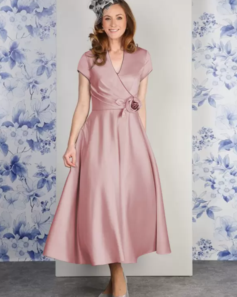 Gorgeous V-Neck Short Sleeves A-Line Flowers Ankle-Length Guest Dresses