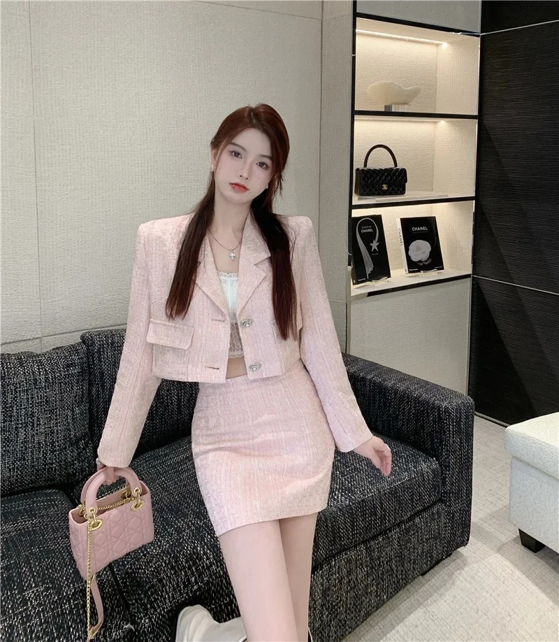 High Quality Jacket Coat Crop Top And Bodycon Mini Skirt Tweed Two Piece Set