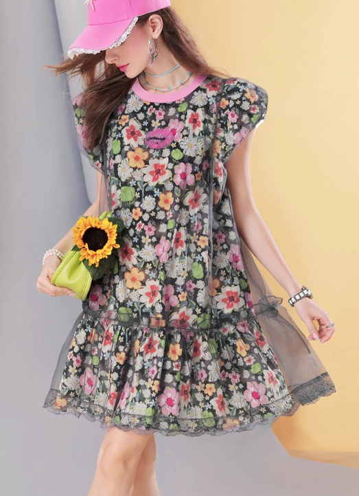 Floral Mesh Sheer Overlay A-Line Tulle Outer Layer Dress