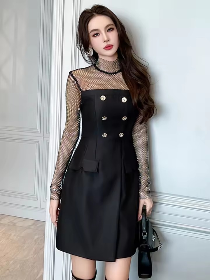 Luxury Glitter Diamonds Hollow Turtleneck Slim Prom Mini Dress