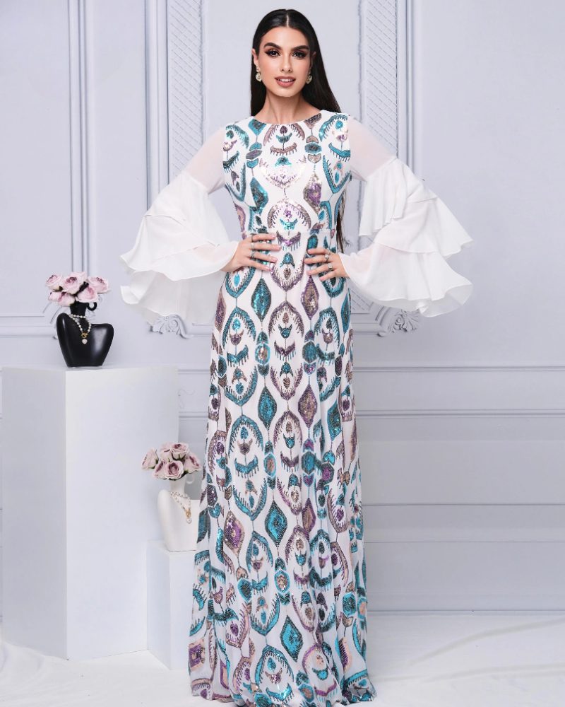 Luxury High Quality Round Neck Flare Sleeve Prom Party Maxi Dress