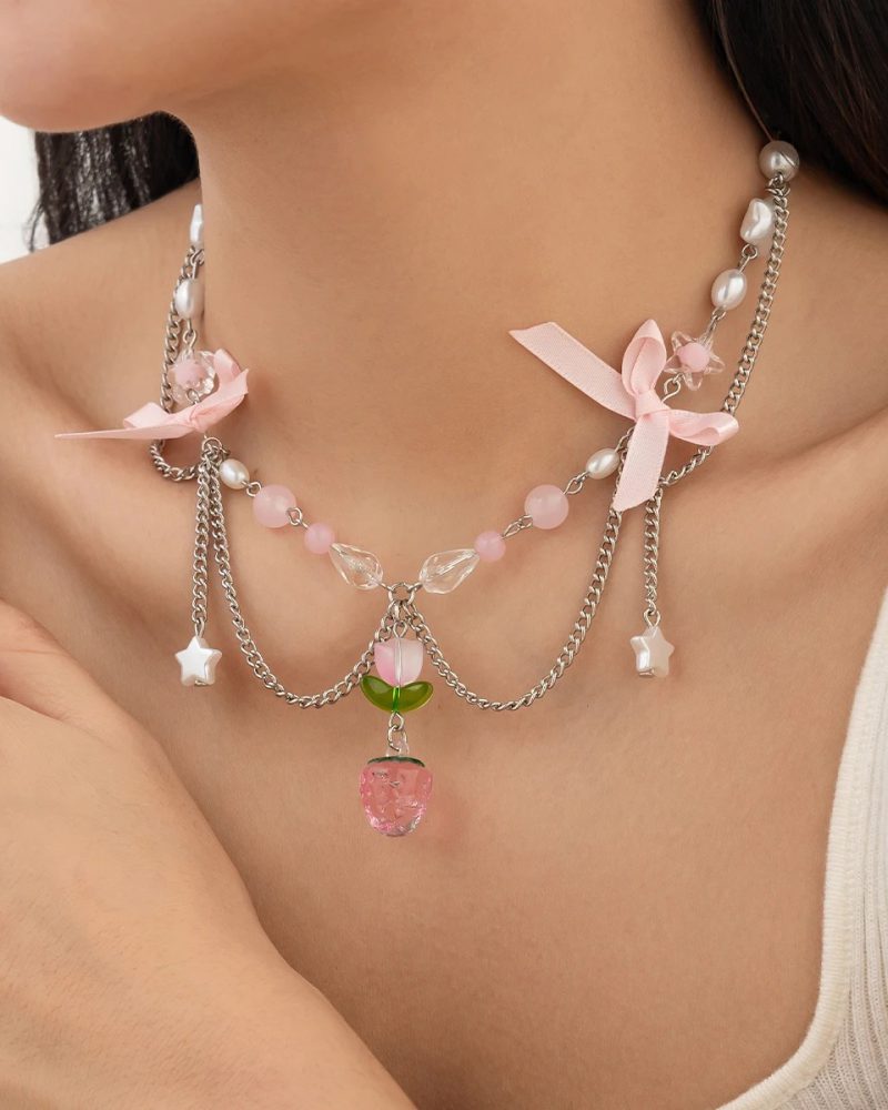 Elegant Romantic Link Chain Multilayer Imitation Pearl Heart Pendant Necklace