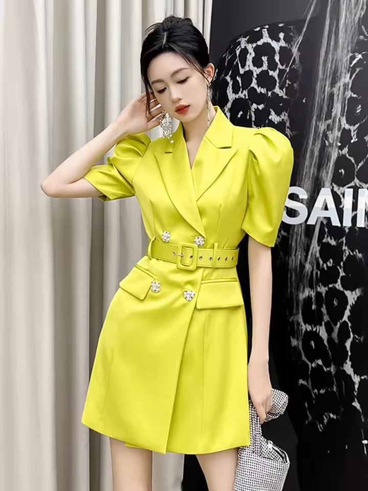Luxury Satin Puff Sleeve Belt Slim Evening Party Short Blazer Mini Dress