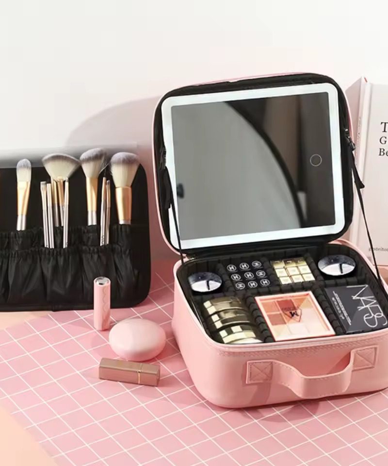 Makeup Bag With Mirror And Light Large Cosmetic Organizer Portable Storage With Adjustable Dividers