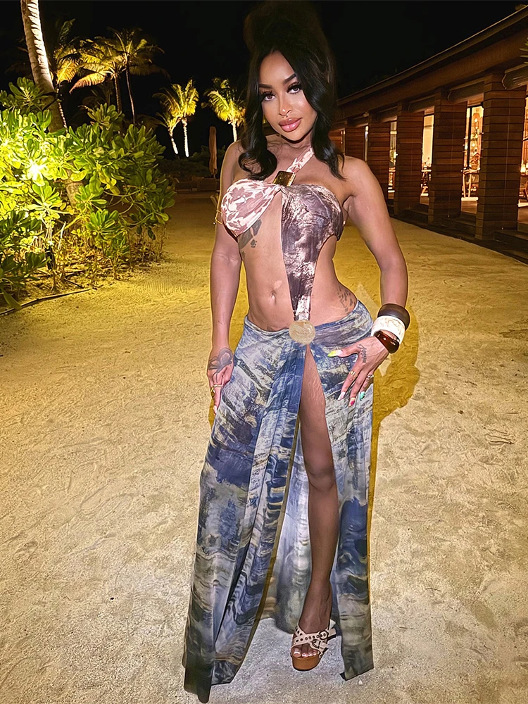 Metal Patchwork Irregular Hollow Print Backless High Splits Trend Wild Long Bodycon Dress