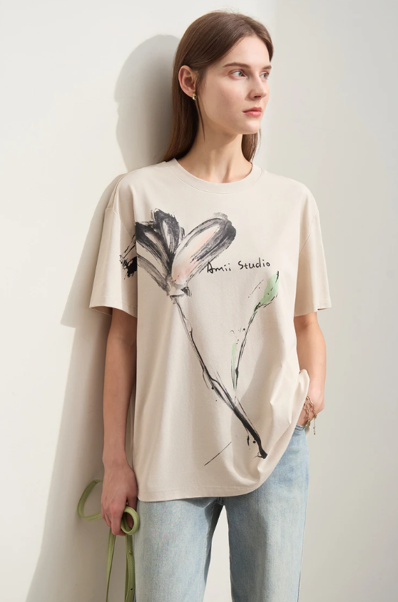 Floral O Neck Ink Art Print Cool Feeling Short sleeve Loose Cotton Minimalism T-shirt