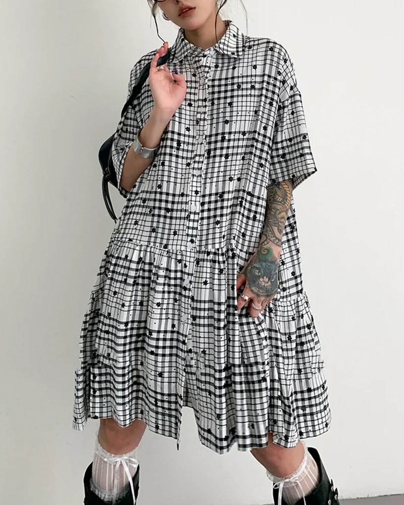 Plaid Lapel Short Sleeve High Waist Temperament Basics Dress