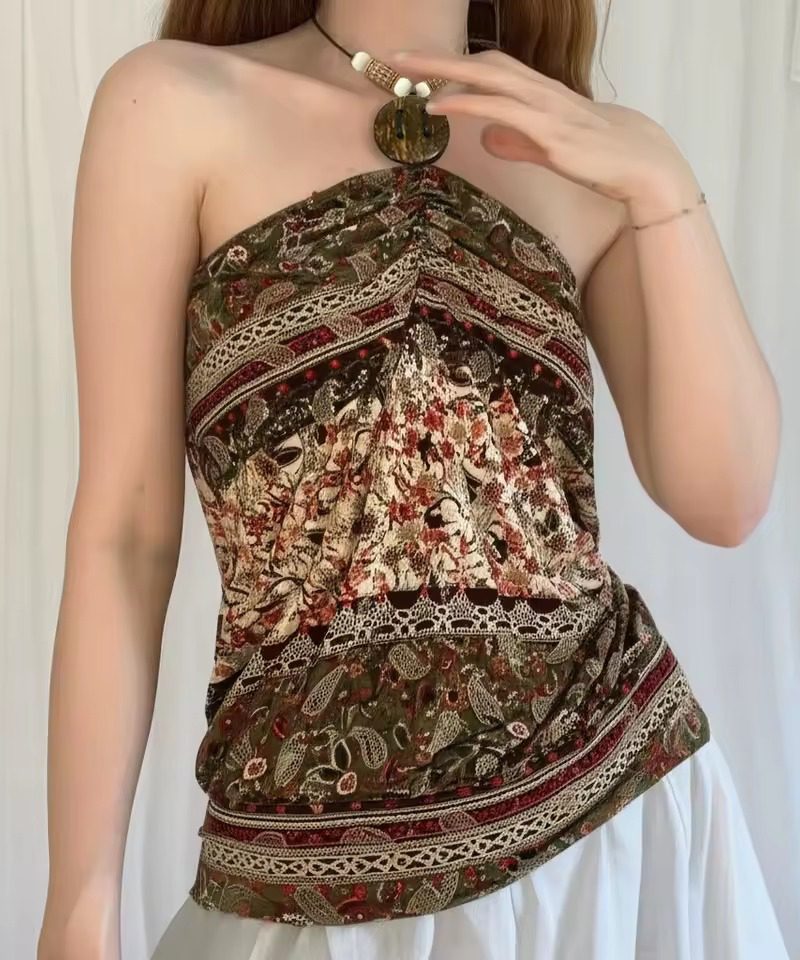 Printed Halter Neck Camisole Boho Retro Style Button Beaded Strap Tube Tops