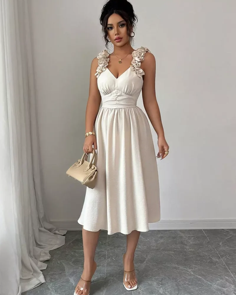 Elegant Ruffled Shoulders V-neck Backless Resort Wear Midi Dress
