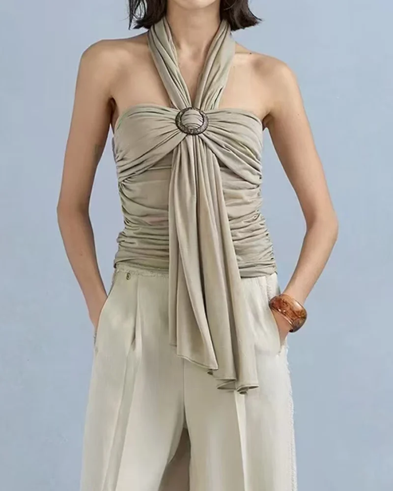 Solid Spliced Folds Slimming Chic Halter Sleeveless Tunic Temperament Vest Top
