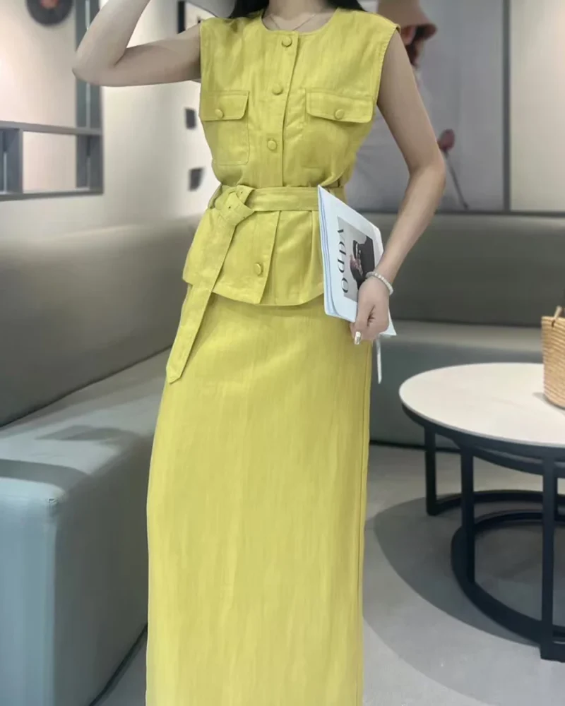 Solid Two Piece Set O Neck Sleeveless Spliced Lace Uo Top High Waist Skirts Sets