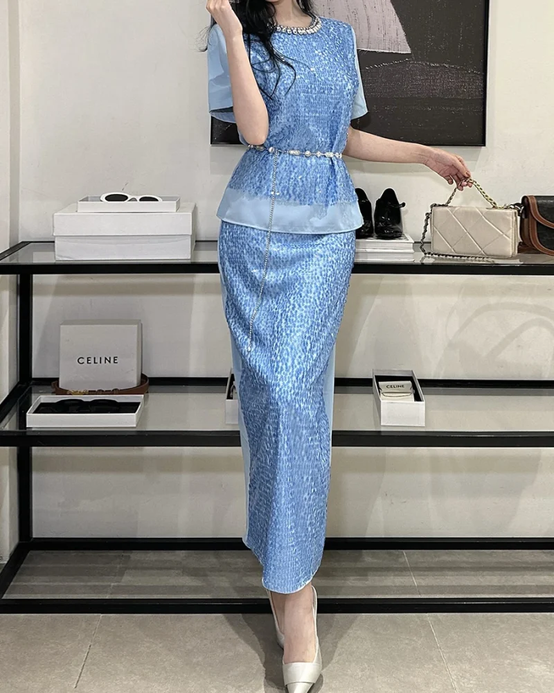 Spliced Diamonds O Neck Short Sleeve Top High Waist Skirts Sets