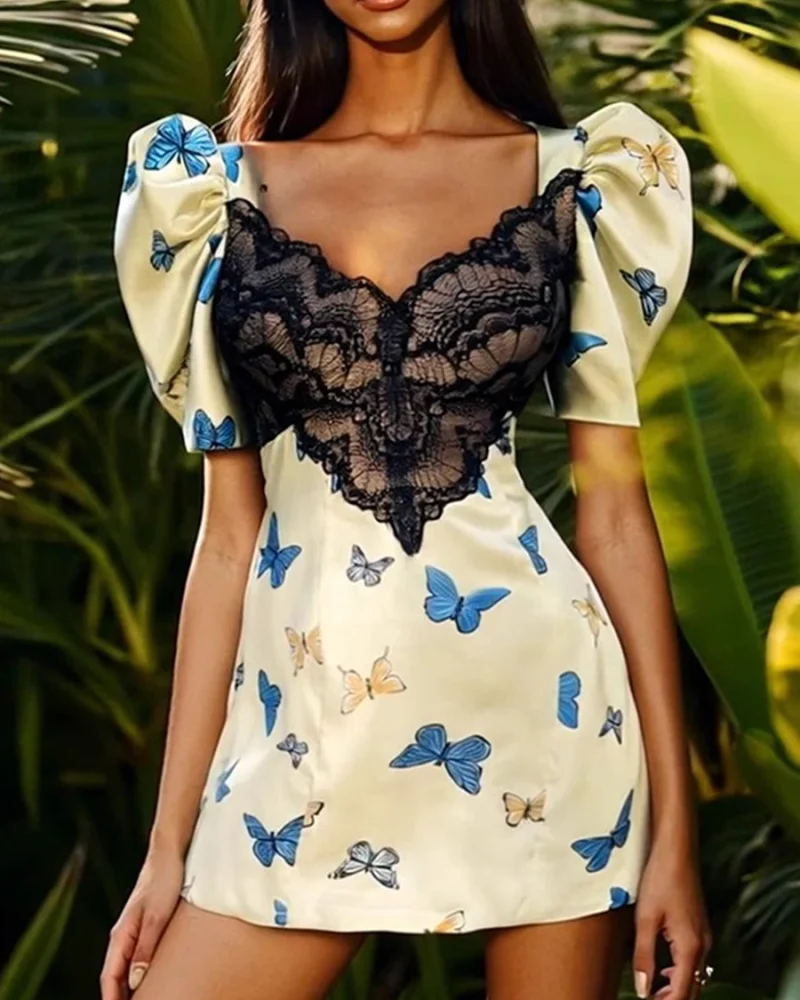 Spliced Lace Up Square Neck Short Sleeve High Waist Temperament Dress