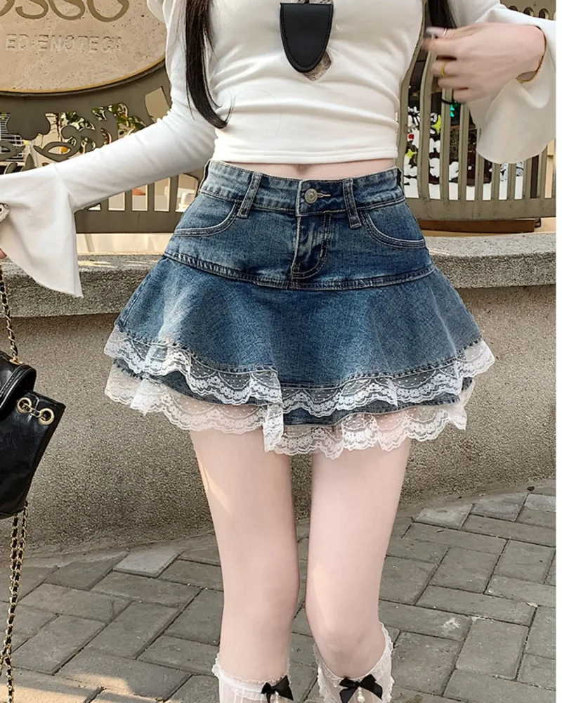 Sweet Pleated Lace Trim Denim Cake Hight Waist A Line Mini Skirt