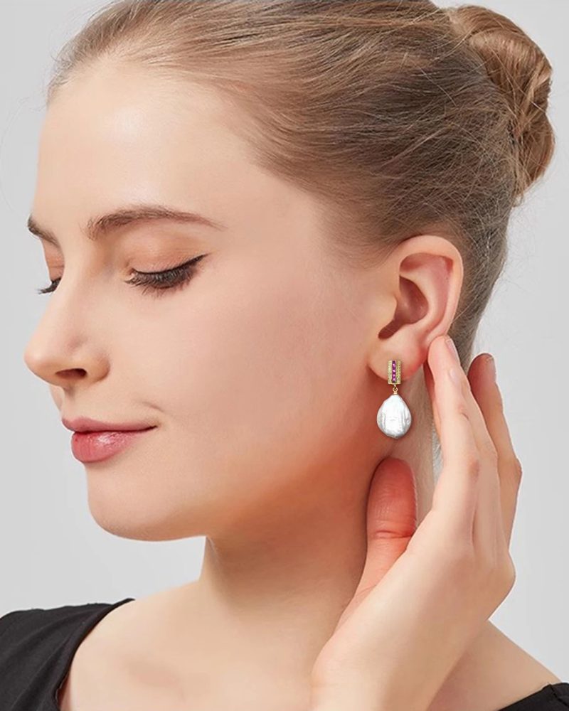 Classic Trendy Heart Baroque Freshwater Pearls 18k Gold Plated Zircon Pearl Drop Earrings