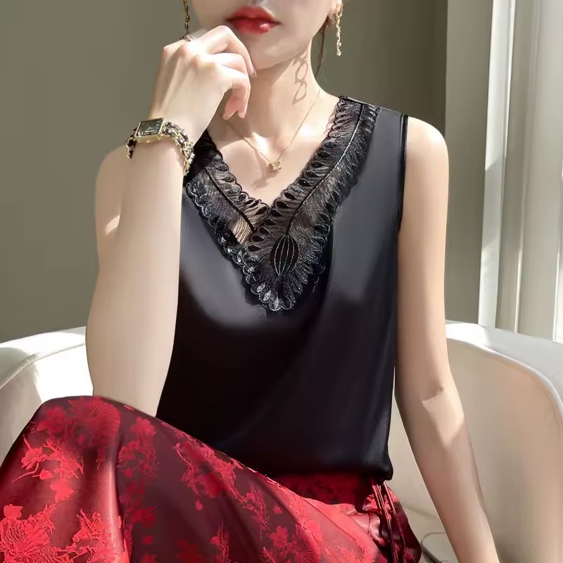 Trendy Rayon Lace Satin V Neck Sleeveless Tank Tops
