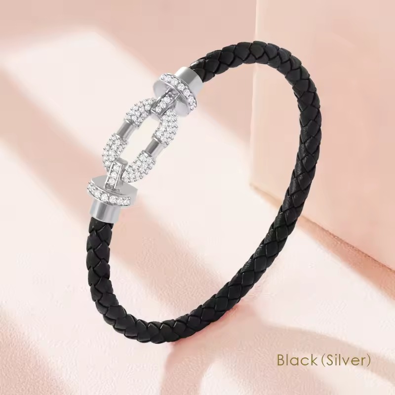 Trendy Round Metal Brand Genuine Braided Leather Cubic Zirconia Bracelet
