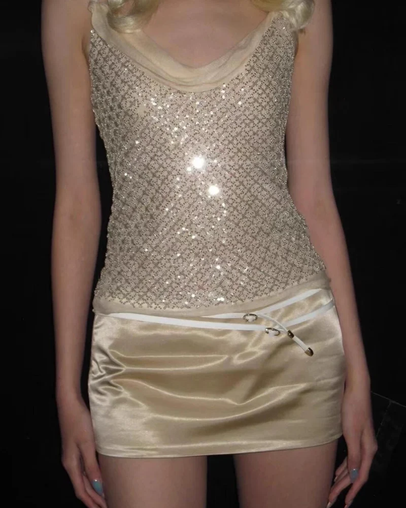 V Neck Sleeveless Spliced Sequins Vest High Waist Mini Skirt Set