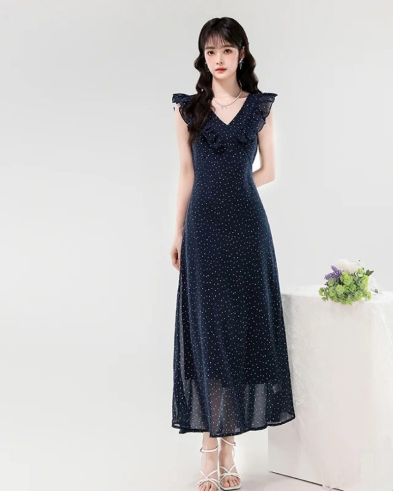 Vintage Dots Ruffles Elegant Casual O-Neck Sleeveless Vestidos Long Dress