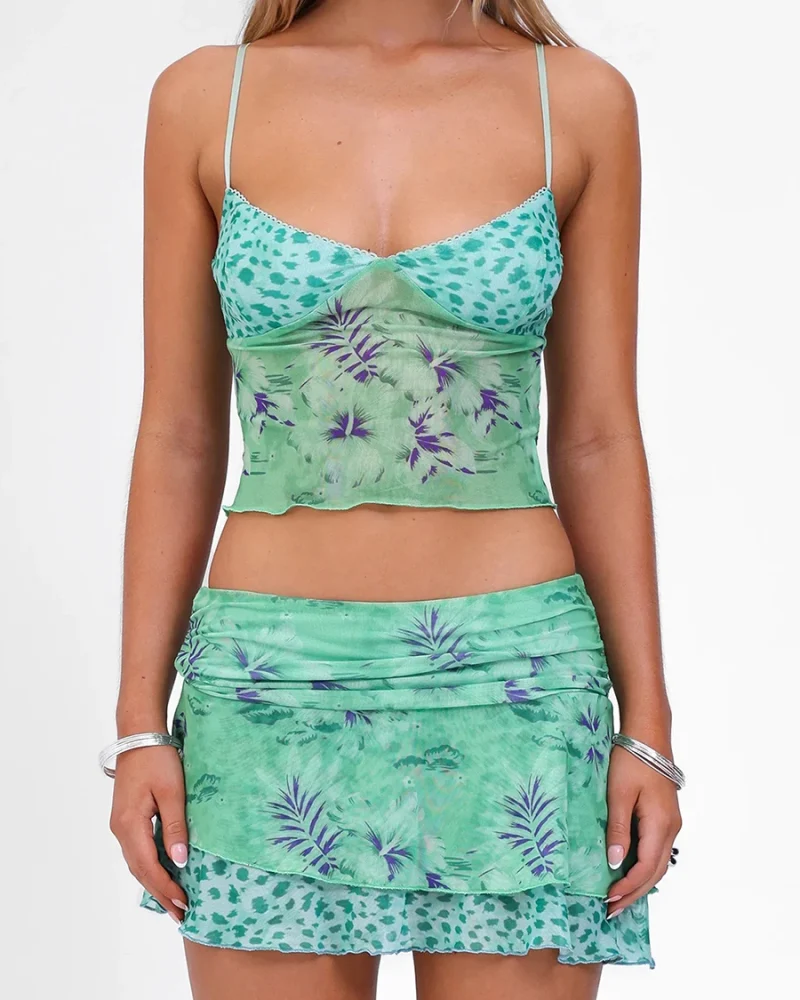 Vintage Floral Pattern Camisole Crop Tops With Skirt 2 Pcs Set