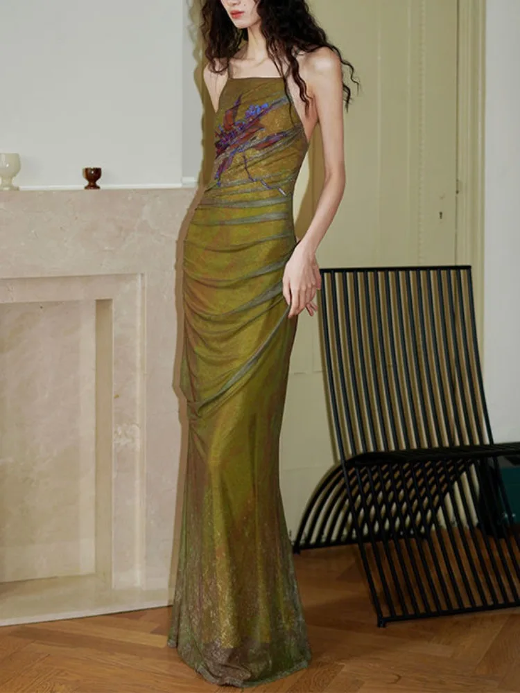 Vintage Floral Print Slash Neck Elegant Sleeveless High Waist Evening Dress