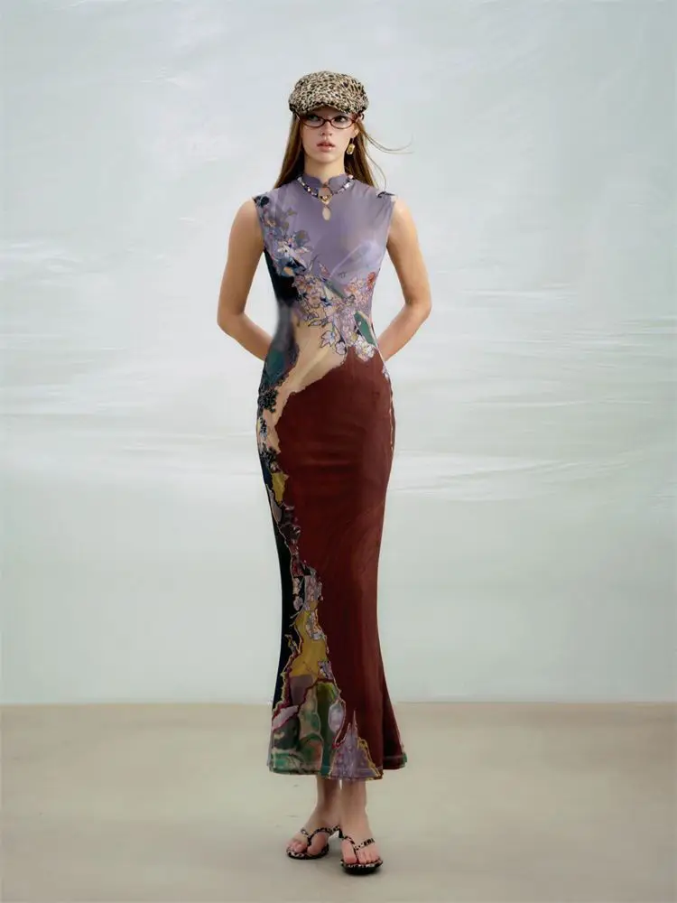 Vintage Ink Oil Painting Design Print Sleeveless Elegant Bodycon Streetwear Long Dress