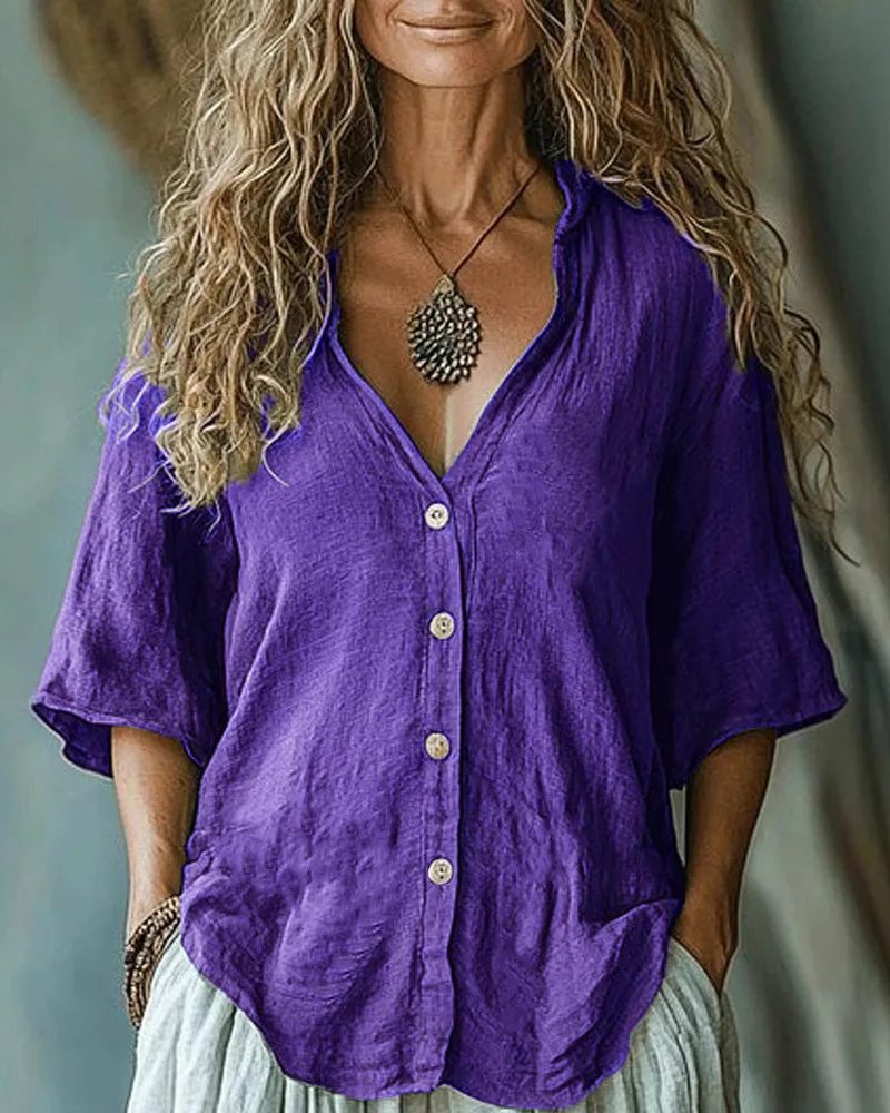 Vintage Linen Of Five-point Sleeve Single-breasted Shirt