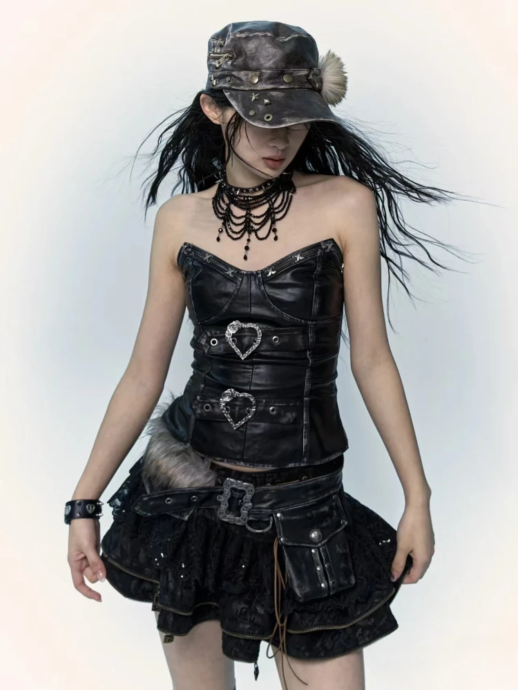 Vintage Off Shoulder Skinny Tops Darkly Ruffle Short Skirt Set