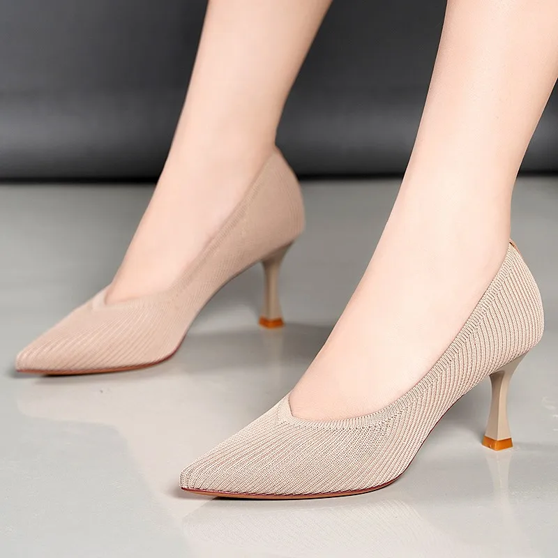 Classic Knitting Latex Insole Pointed Toe High Heels Pumps