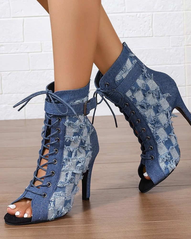 Designer Lace-up Hollow Belt Buckle Rubber Sole Latin High-heeled Boots