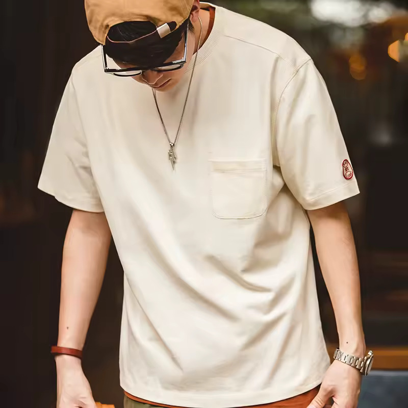 Vintage Cotton Heavyweight Short Sleeve with Pocket Crew Neck T-shirts