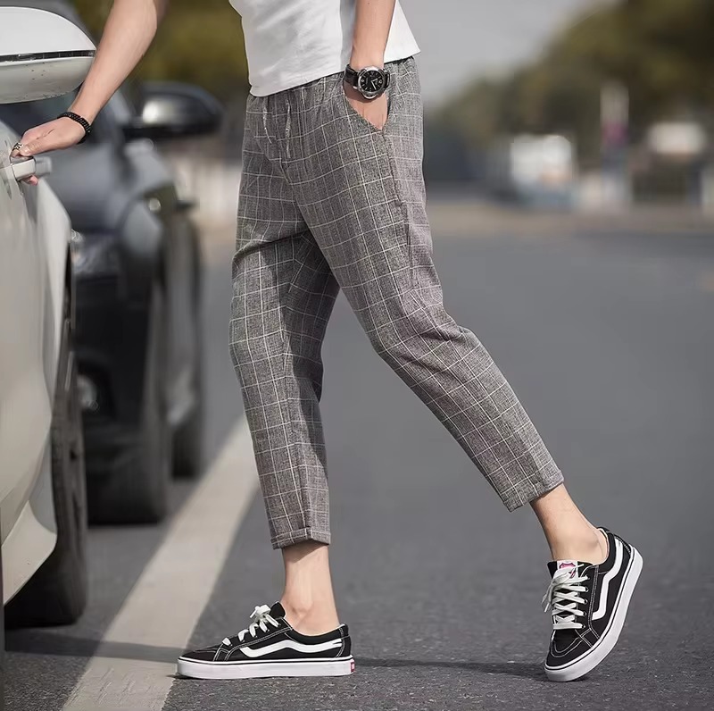 Business Style Plaid Checkered Side Stripe Mid Waist Slims Fit Pant