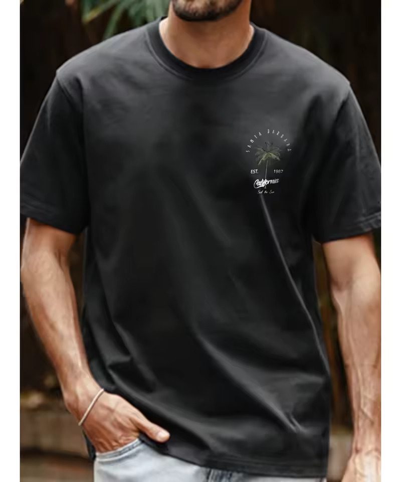 Coconut Tree Graphic Tee Short Sleeve Alphabet Design Streetwear T-Shirt