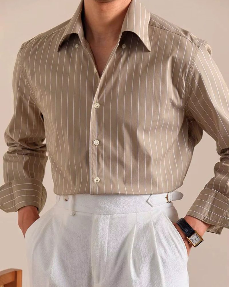 Gentleman Business Striped Casual Style Collar Long Sleeved High Count Shirt